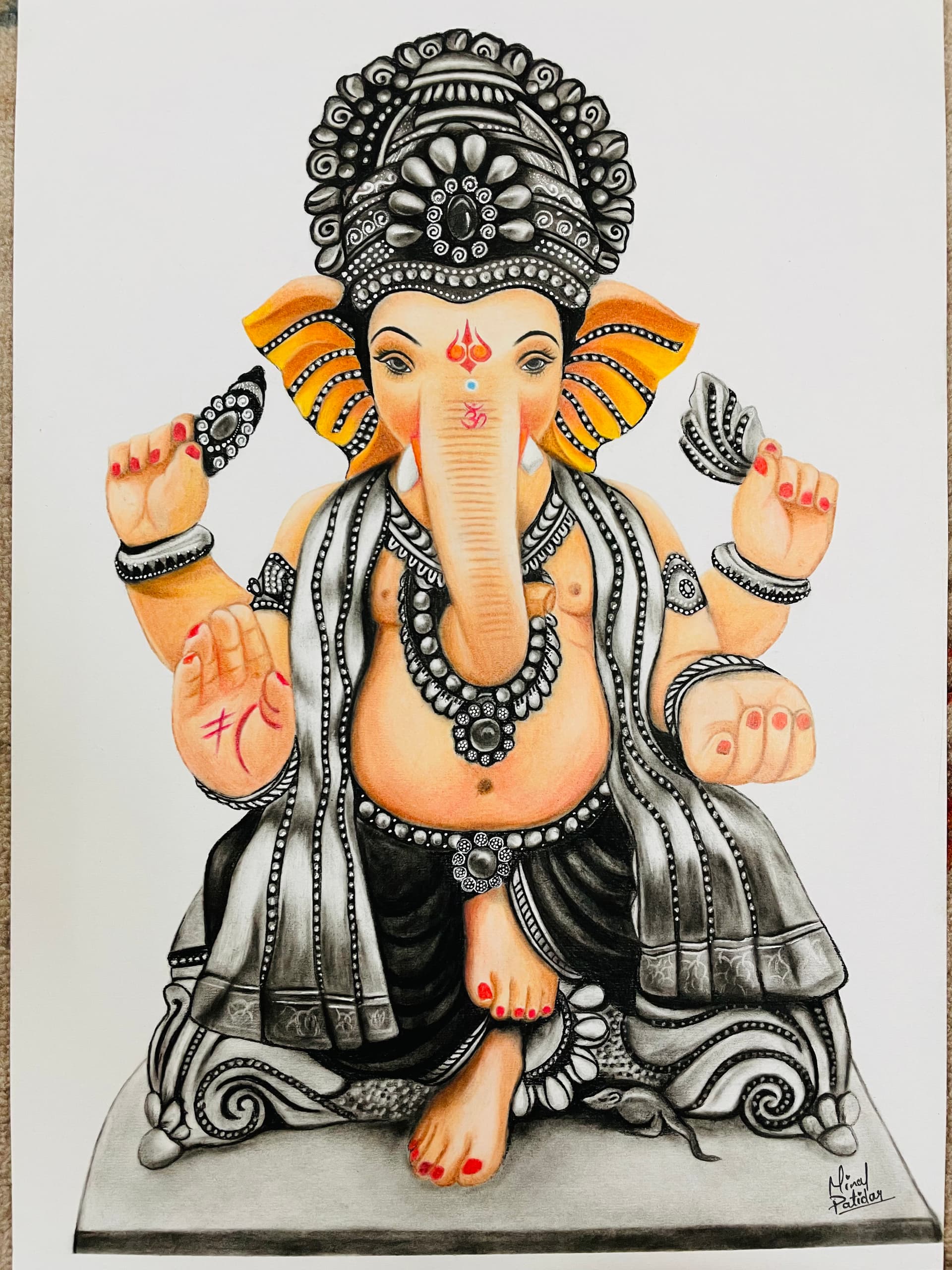 Lord Ganesha in Color Pencil and Charcoal Pencil - view 1