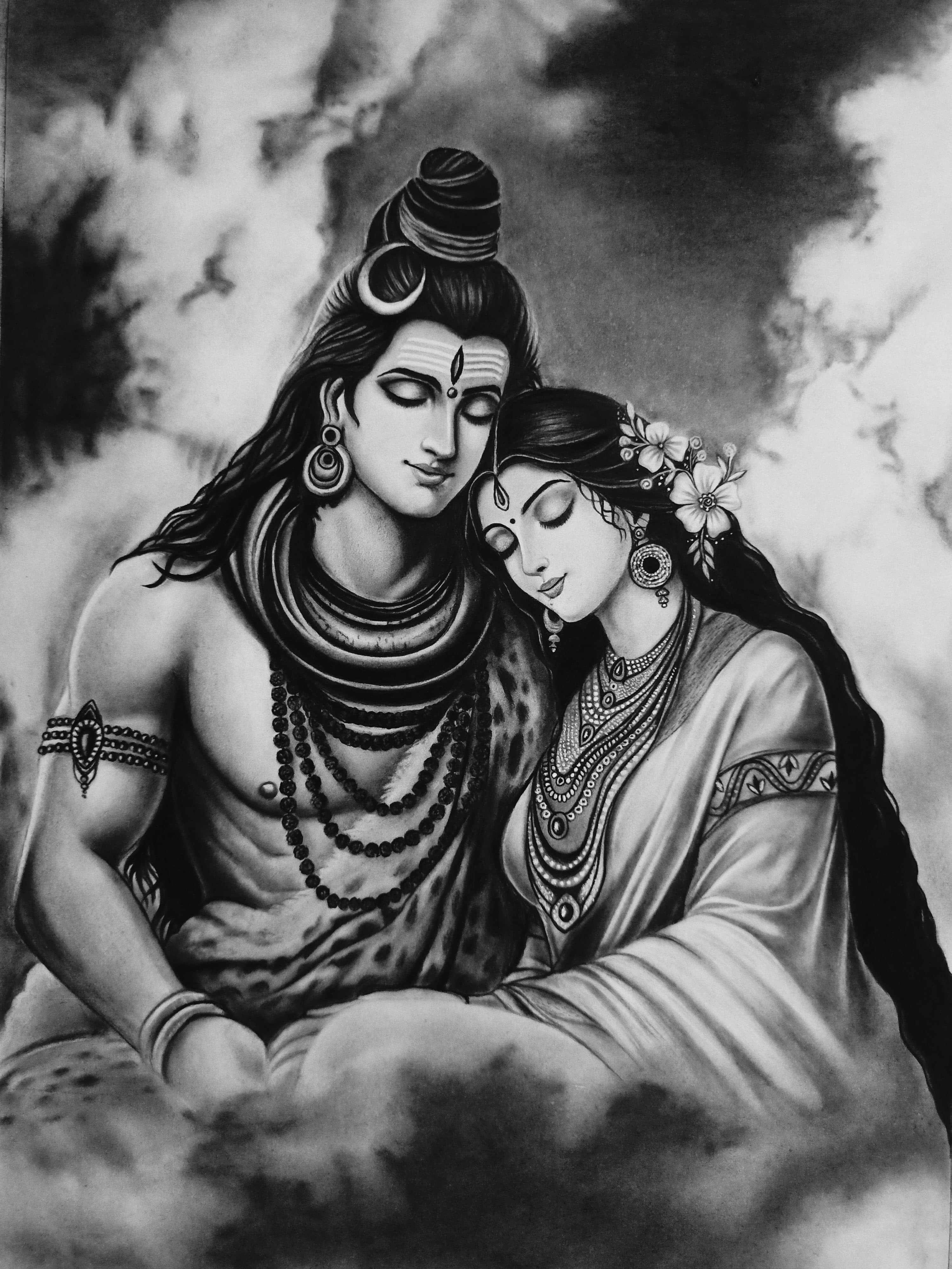 Charcoal Pencil Devine Couple : Shiv Parvati by Minal's Art Studio