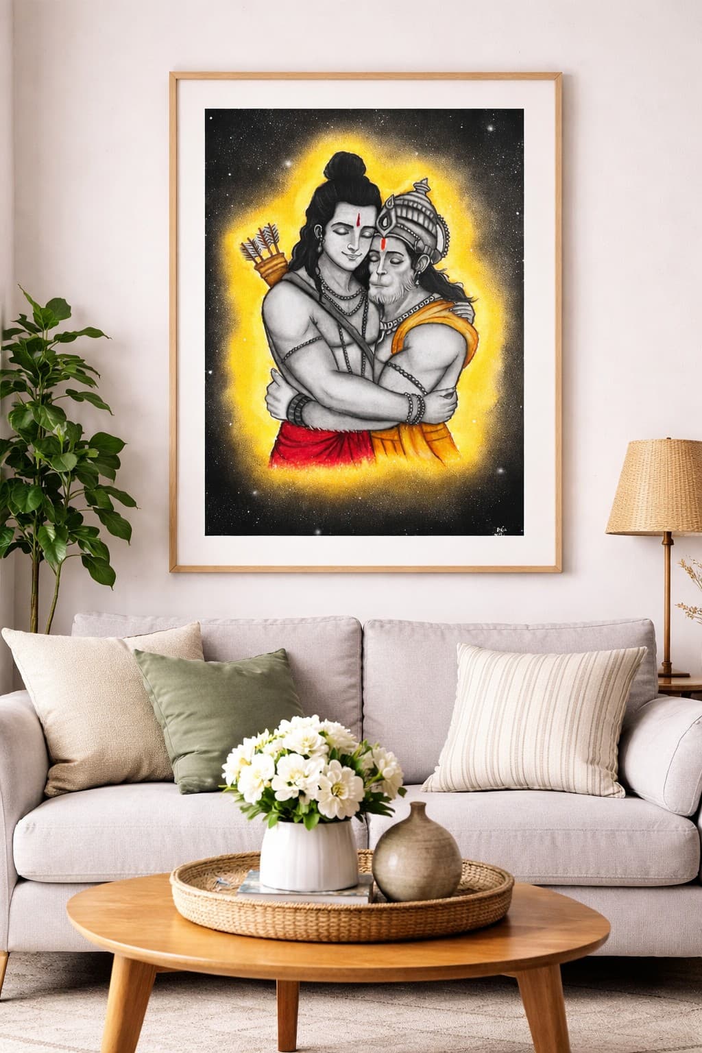 Lord Ram embracing Hanumanji in Color Pencil and Soft Pastels - view 1